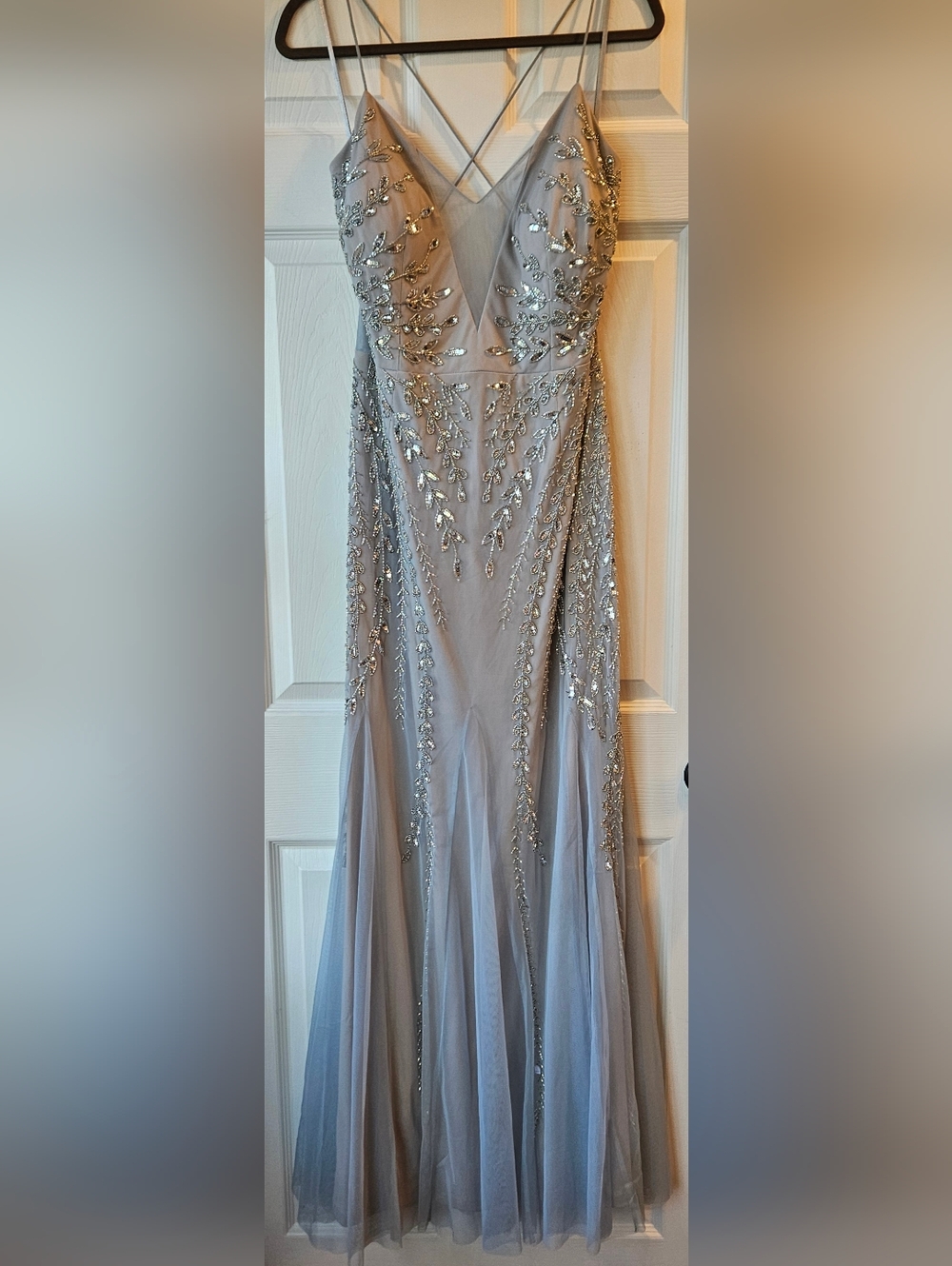 Adrianna Papell Silver Beaded Prom Gown